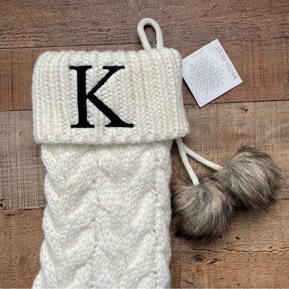 Knit Cream Faux fur Pom Poms Stocking Embroidered K NEW with Tags - Picture 4 of 5